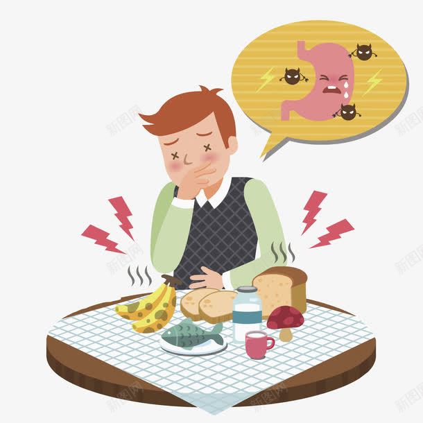 吃坏肚子的男人png免抠素材_新图网 https://ixintu.com 卡通 手绘 插图 桌上 男人 胃痛 难受的 食物