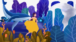 美丽鲸鱼深蓝树林的精致女孩高清图片