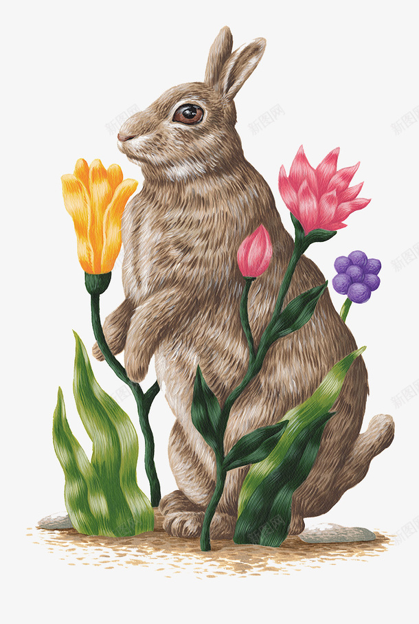 爱美的野兔png免抠素材_新图网 https://ixintu.com 灰色的兔子 肥大的兔子 花中的兔子