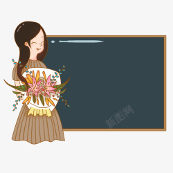 鲜花讲台教师节卡通讲台上的女老师高清图片