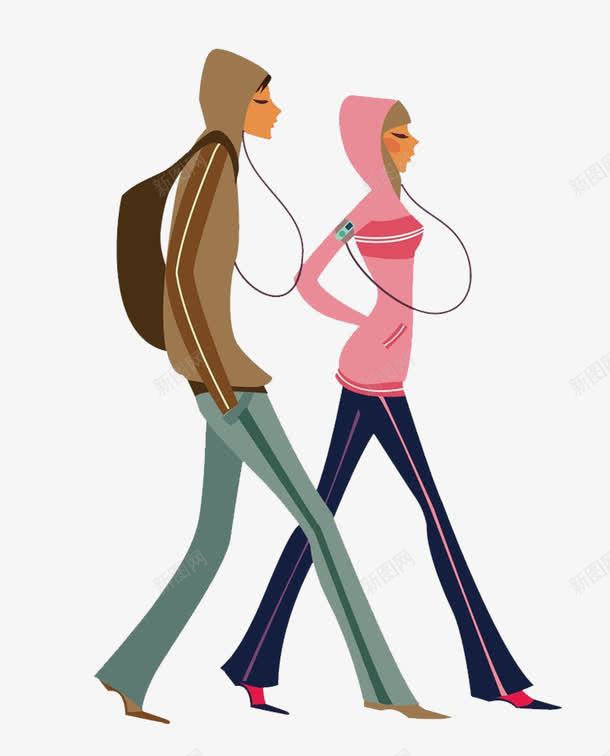 两个戴耳机的人png免抠素材_新图网 https://ixintu.com 两个人 听歌 听歌的人 戴耳机 走路