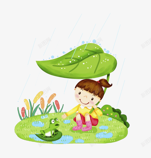 和青蛙对话的女孩png免抠素材_新图网 https://ixintu.com 下雨 叶子 女孩 孩子 手绘 水滴 绿色 芦苇 雨水 青蛙