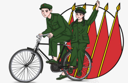 骑自行车装饰矢量手绘五四青年节复古风装饰插图骑高清图片