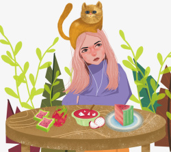 单身女孩插画美食女孩和猫高清图片