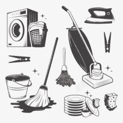 德国风格工具黑白风格家庭清洁工具高清图片