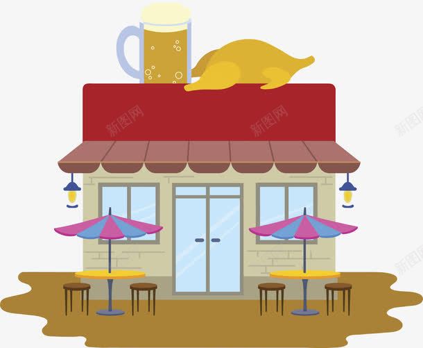 卡通啤酒屋png免抠素材_新图网 https://ixintu.com 卡通 啤酒屋 手绘 椅子 橱窗 炸鸡 玻璃门 雨棚