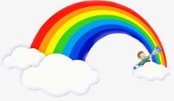 手绘云层画彩虹的小男孩高清图片