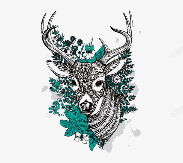 麋鹿胸前印花图案矢量图图标ai_新图网 https://ixintu.com T恤 logo 动物 印花 服装设计 淡绿色 精美 精良 花朵 设计感 麋鹿 黑白 矢量图