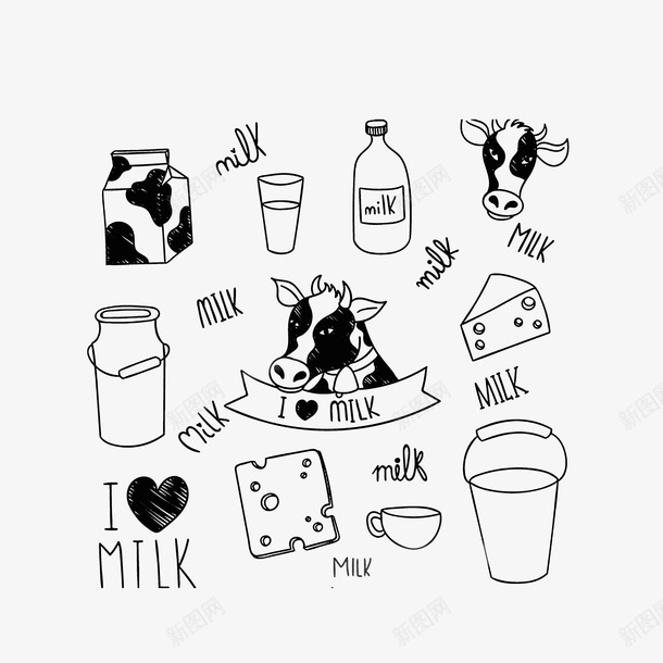手绘牛奶加工成品psd免抠素材_新图网 https://ixintu.com 一盒牛奶 奶牛 奶酪 手绘图 桶装奶 瓶装奶 盒装奶