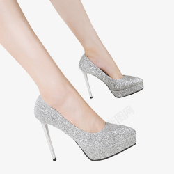 银色亮片银色女鞋高跟鞋女人脚高跟鞋亮片鞋高清图片
