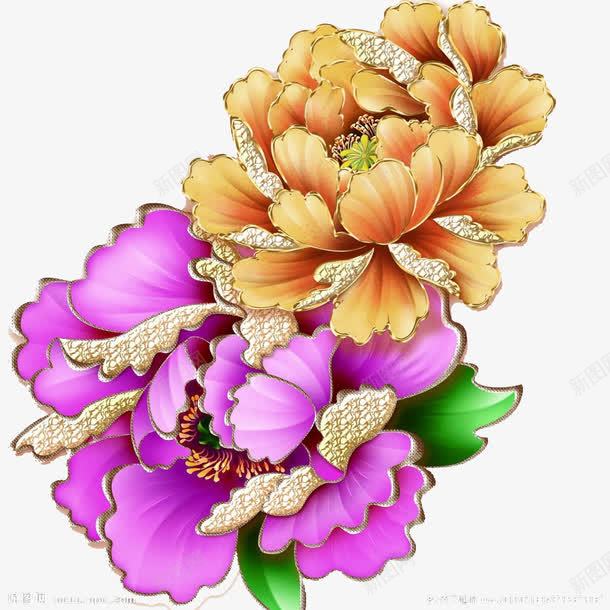 两朵娇艳的牡丹花png免抠素材_新图网 https://ixintu.com 新鲜美丽 橙黄色 紫色 银边