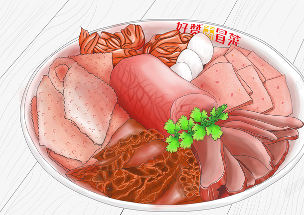 手绘桌子上的中国菜冒菜psd免抠素材_新图网 https://ixintu.com 中国菜 中国菜手绘 冒牛肉 冒菜 手绘 插画 木纹 桌子