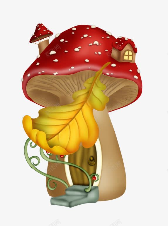 卡通红色蘑菇树屋png免抠素材_新图网 https://ixintu.com 卡通 卡通手绘 卡通树屋 树屋 红色蘑菇 落叶
