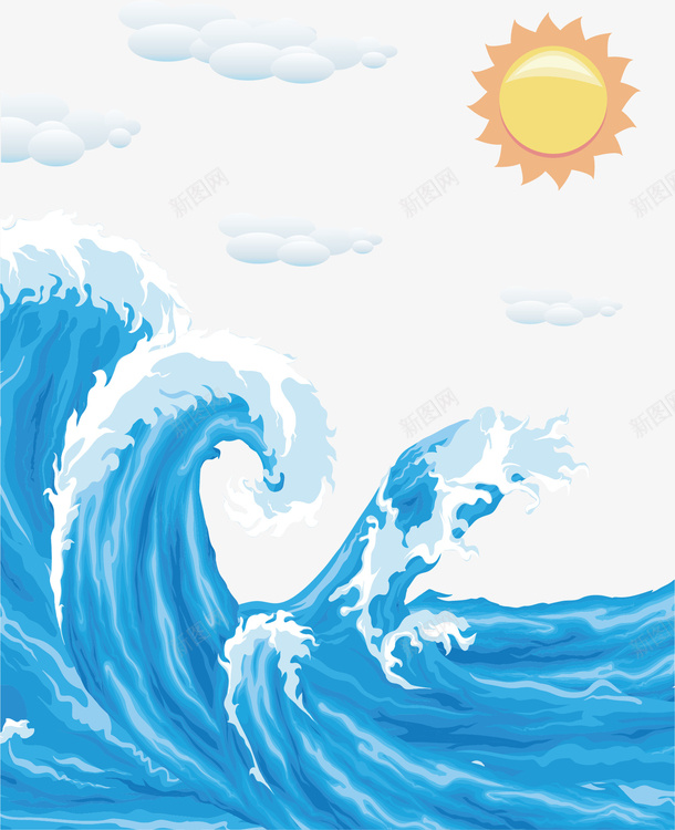 蓝色海浪背景装饰矢量图ai免抠素材_新图网 https://ixintu.com 云朵 卷起的海浪 抽象海浪素材 海上风浪 海浪 海浪动画 矢量图 背景装饰 蓝色 阳光