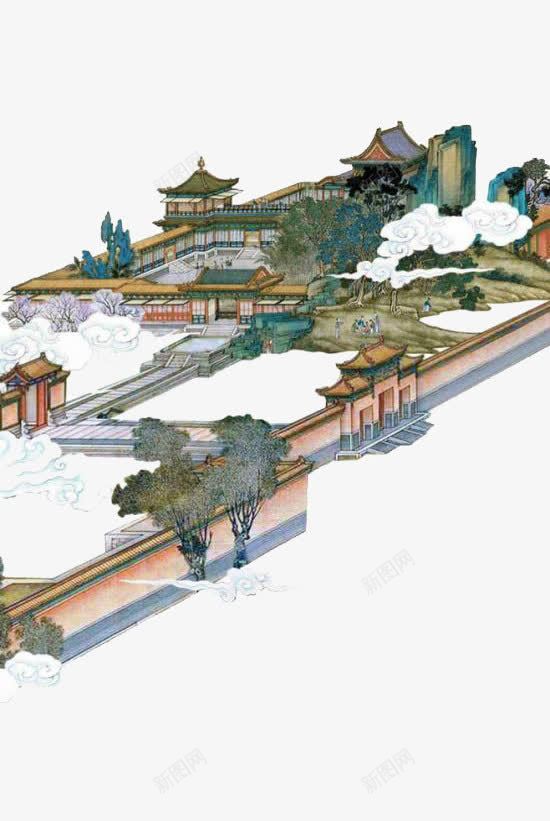 中国画png免抠素材_新图网 https://ixintu.com 云朵 古典城墙 工笔画 建筑 皇宫