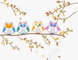秋天猫头鹰可爱卡通插图猫头鹰与树枝高清图片