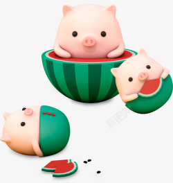 坐在西瓜上的猪c4d卡通坐在西瓜上的猪猪装饰高清图片