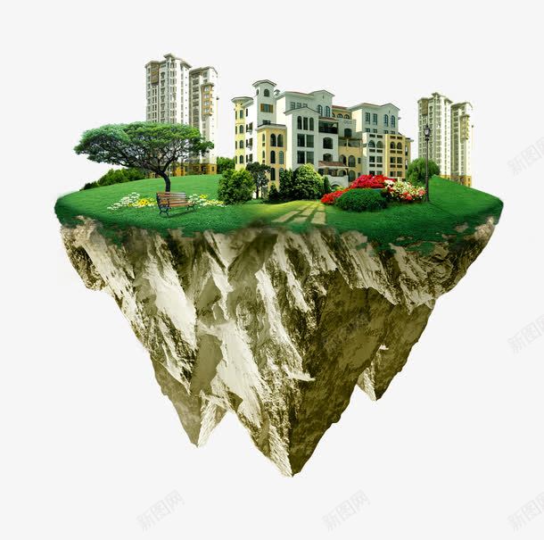 创意地产海报元素png免抠素材_新图网 https://ixintu.com 创意地产海报元素 城市建筑 悬浮在空中的房子 楼盘 绿色