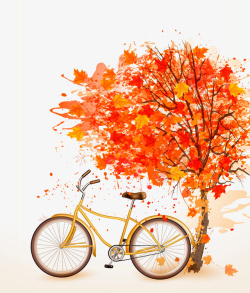 卡通手绘橙色的树木自行车装素材