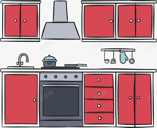 红色卡通厨房整体橱柜矢量图ai免抠素材_新图网 https://ixintu.com 创意橱柜 厨房 厨房设计 整体橱柜 矢量png 矢量图 红色橱柜 装修设计