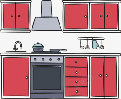 卡通描绘橱柜红色卡通厨房整体橱柜矢量图高清图片