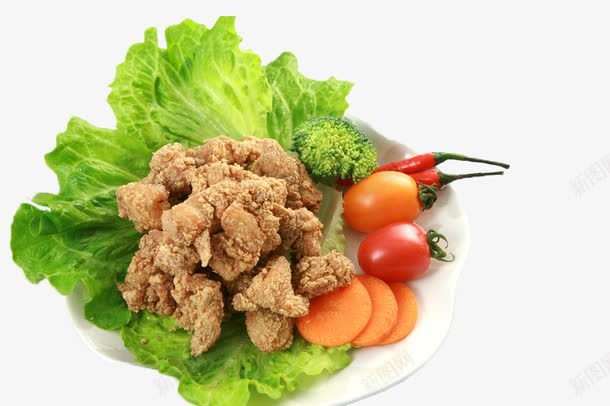 蔬菜叶上的炸鸡肉png免抠素材_新图网 https://ixintu.com 炸鸡肉 盐酥鸡 美食 蔬菜叶 鸡米花 鸡肉块