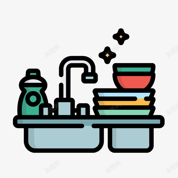 洗碗清洁图标psd_新图网 https://ixintu.com 工具 水龙头 洗碗 洗菜盆 清洁图标 线稿 设计