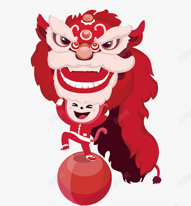 中国风舞狮子男孩图png免抠素材_新图网 https://ixintu.com 中国风 卡通 喜庆的 红色的 绣球 舞狮子 高兴的