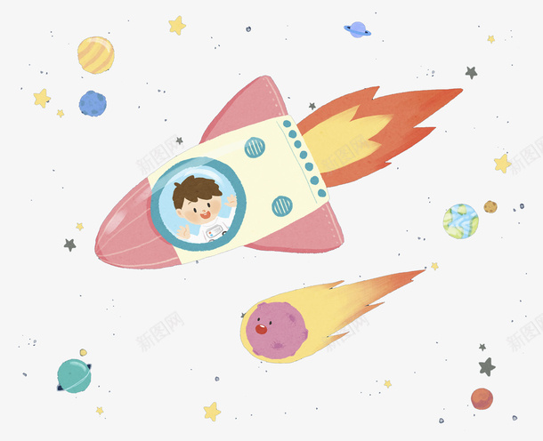 宇航员坐火箭穿越宇宙png免抠素材_新图网 https://ixintu.com 创意 卡通 地球 宇航员 寓意 手绘 火球 火箭