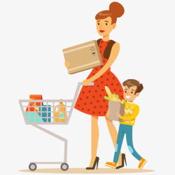 超级市场妈妈和儿子购物插画矢量图高清图片