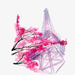 插画巴黎粉红色花朵水彩彩绘巴黎铁搭高清图片