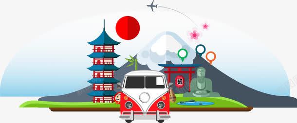 卡通日本旅游拼接psd免抠素材_新图网 https://ixintu.com 出境游 卡通平面景点 富士山 旅游 旅游巴士 日本 日本旅游 美丽的富士山 飞机
