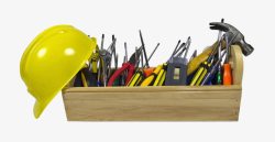 建筑安全黄色帽子和木质工具箱高清图片