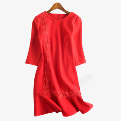 七分袖鱼尾蕾丝小红裙素材