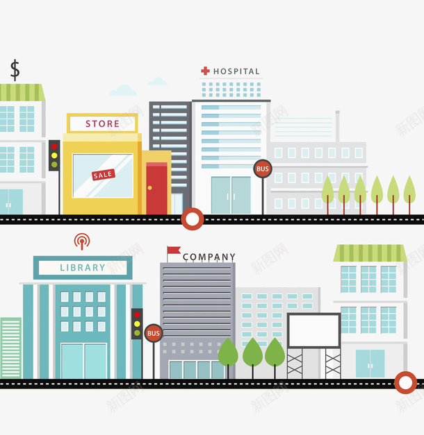城市的五大重要地png免抠素材_新图网 https://ixintu.com 公司 医院 卡通 商务 商店 多彩 手绘 英文 银行
