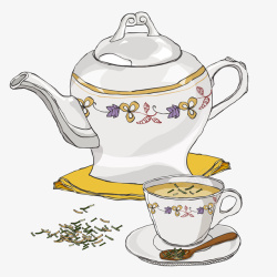 平面茶具素材手绘平面茶具茶杯茶壶高清图片