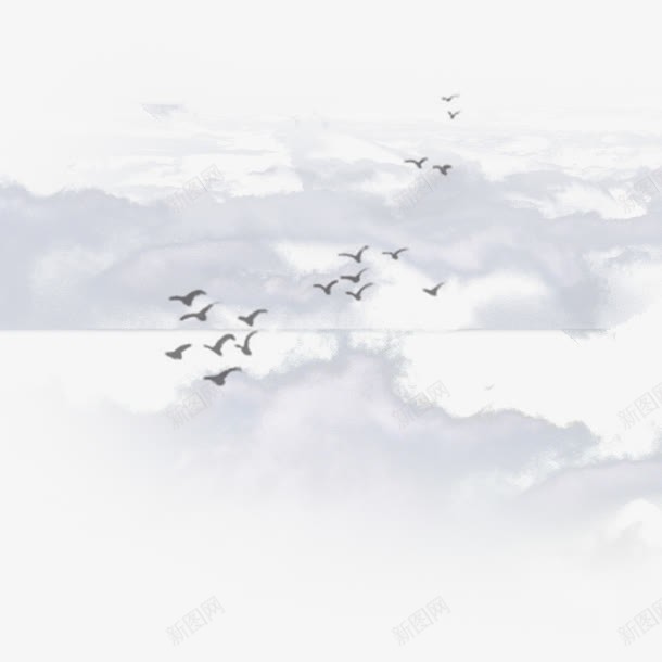 白云与鸽群png免抠素材_新图网 https://ixintu.com 白色云朵 网页设计 装饰元素 黑白水墨画 黑色鸽群