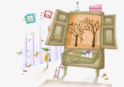照片墙树木状手绘木柜插画高清图片