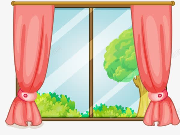 卡通窗户png免抠素材_新图网 https://ixintu.com 关窗 卡通PNG 玻璃窗户 红色窗帘 绿树