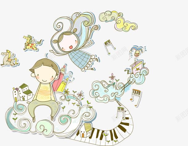 爱音乐的孩子png免抠素材_新图网 https://ixintu.com 云彩 卡通 可爱的 女孩 男孩 钢琴键 飞行