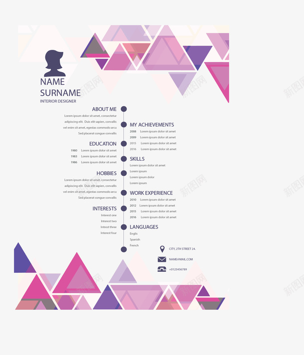 粉红三角个人简历矢量图ai_新图网 https://ixintu.com 三角花纹 个人简历 矢量png 简历 粉红三角 矢量图