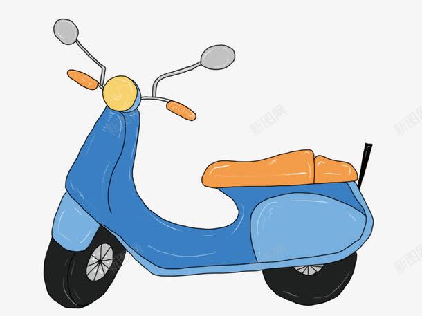 蓝色电动摩托车片png免抠素材_新图网 https://ixintu.com 交通工具 卡通 摩托车 电动车 蓝色 轮胎 黄色