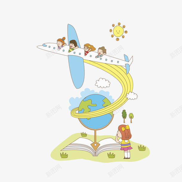 飞机上的小孩png免抠素材_新图网 https://ixintu.com 书本 卡通 可爱的 地球 太阳 羡慕的 遨游 飞机