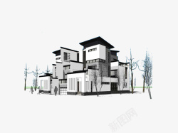树木三维模型南方新中式徽派别墅黑白灰色调建高清图片