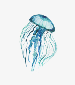 水彩水母蓝色手绘水彩水母高清图片