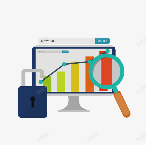 研究数据矢量图ai免抠素材_新图网 https://ixintu.com 台式电脑 放大镜 数据 数码产品 显示器 锁 矢量图