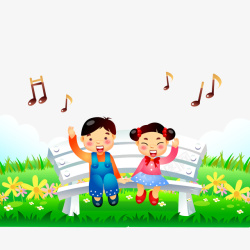 卡通在长椅上唱歌的小孩矢量图素材