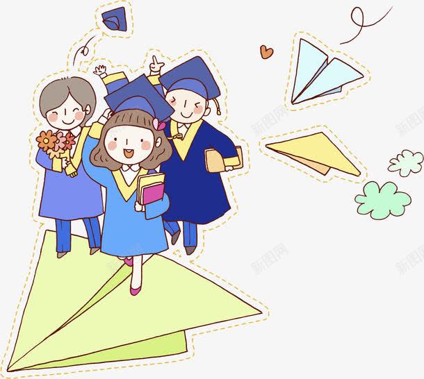 纸飞机上的孩子png免抠素材_新图网 https://ixintu.com 卡通 插图 欢呼的 毕业服 毕业生 纸飞机 蓝色的