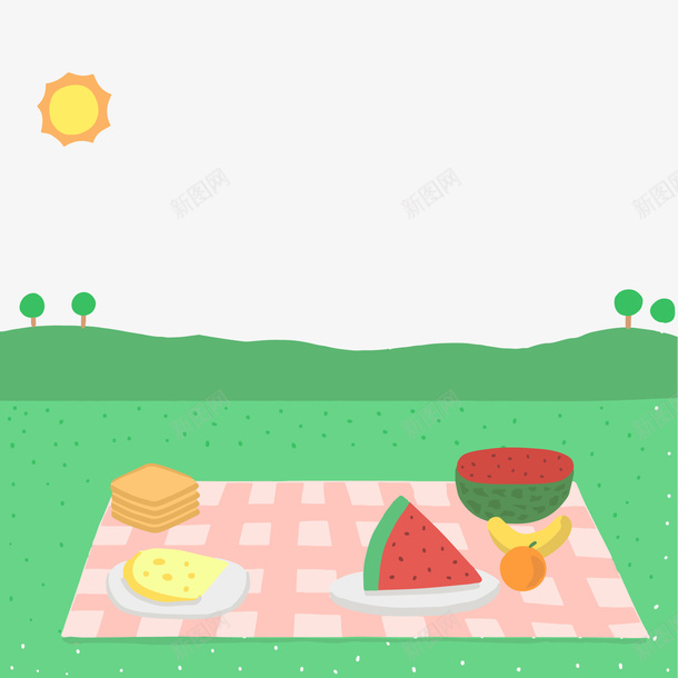 卡通野餐的风景png免抠素材_新图网 https://ixintu.com 卡通 奶酪 植物 水果 西瓜 野餐 风景 食物