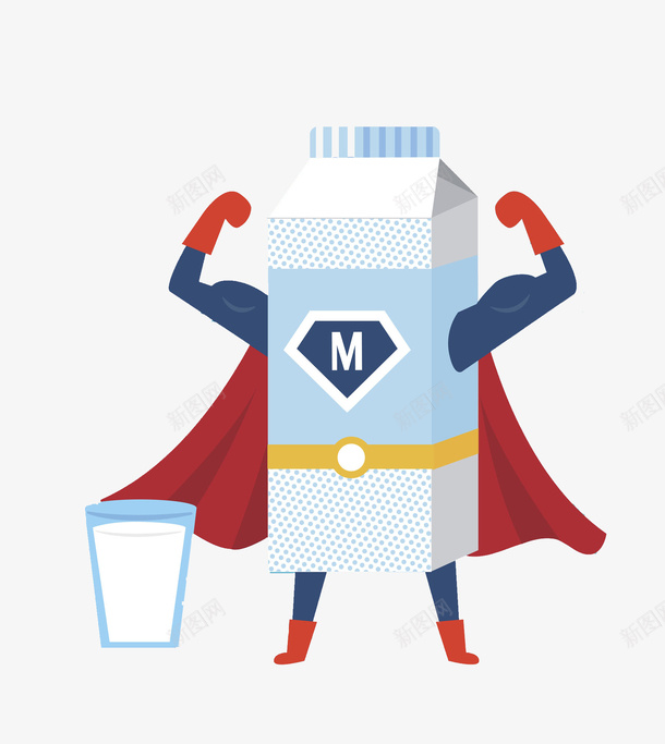 卡通超人牛奶图png免抠素材_新图网 https://ixintu.com 创意的 卡通 强壮的 插图 杯子 牛奶 红色斗篷 超人